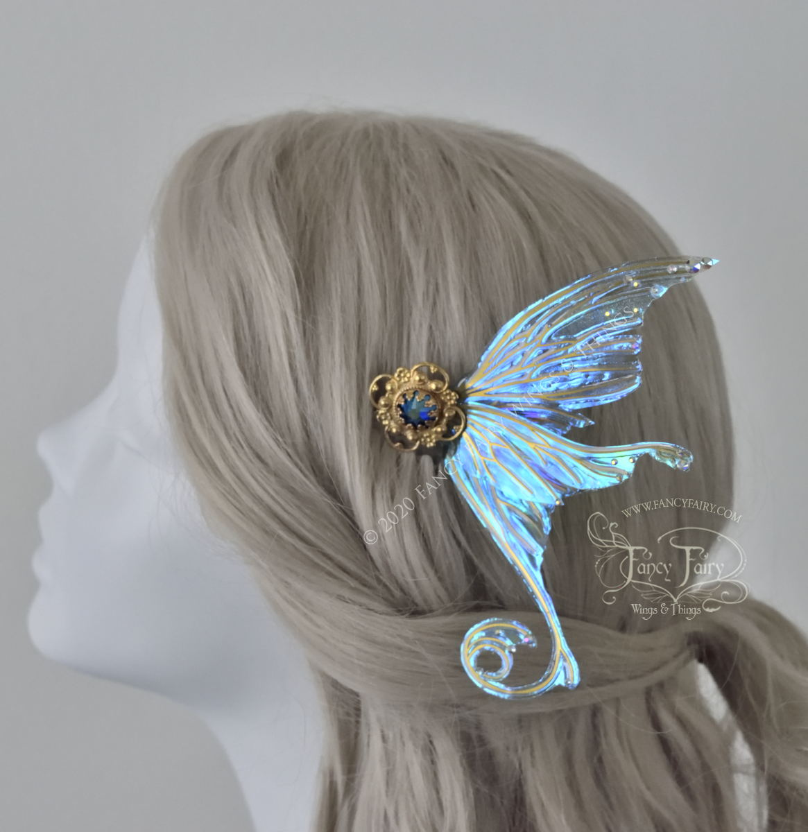 Aphrodite 3 and 1/5 inch Aquamarine Fairy Wing Hair Combs with Silver Veins