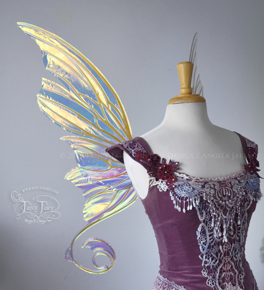 Aphrodite Iridescent Fairy Wings in Clear Diamond Fire with Gold Veins