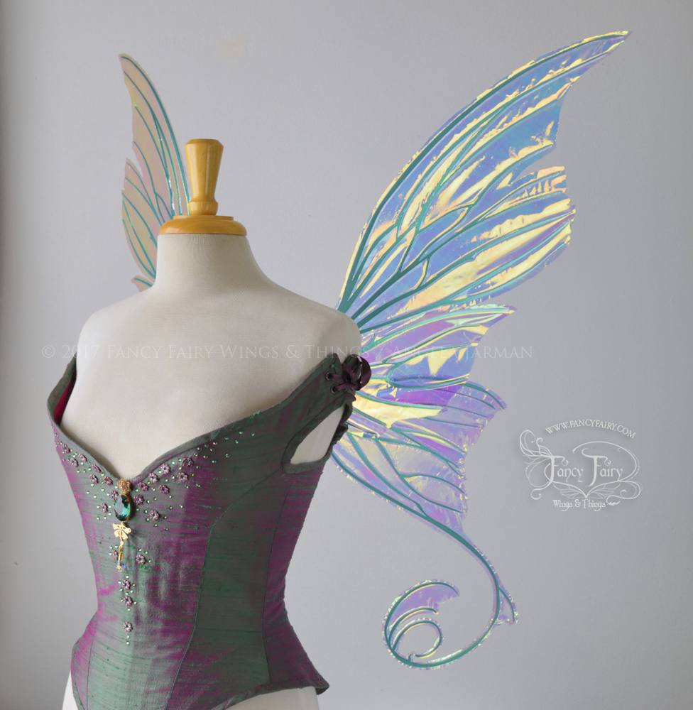 Aphrodite Iridescent Fairy Wings in Clear Diamond Fire with Green Veins