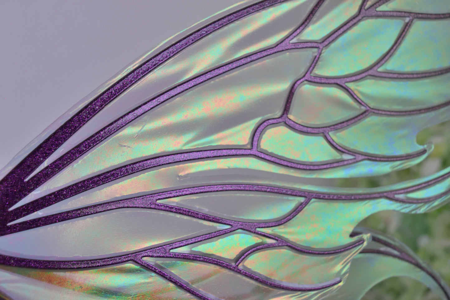 Aquatica Iridescent Convertible Fairy Wings in Patina with Chameleon Cherry Violet Glitter veins
