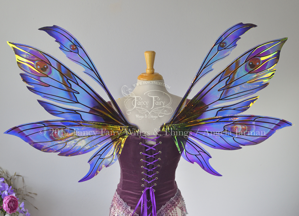 Aynia Painted Iridescent Fairy Wings in Blues, Blacks and Reds