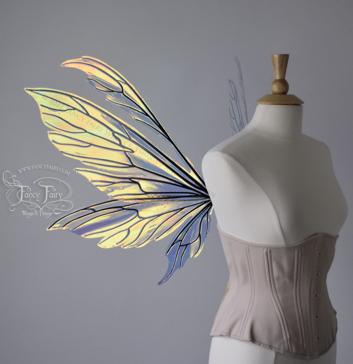 Aynia Convertible Iridescent Fairy Wings in Clear Diamond Fire with Black veins, Ready to Ship