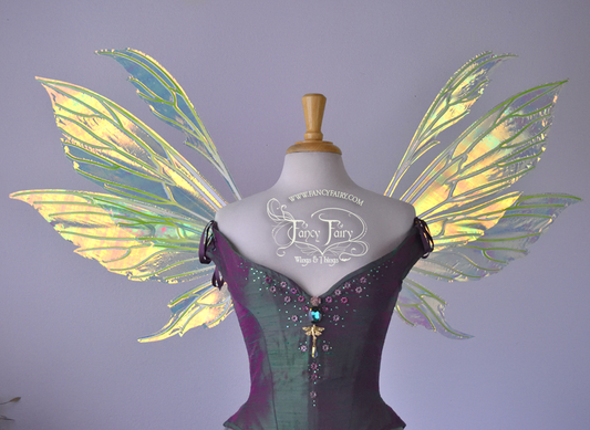 Aynia Iridescent Fairy Wings in Neon Yellow Iridescent with Ombre Green and White veins