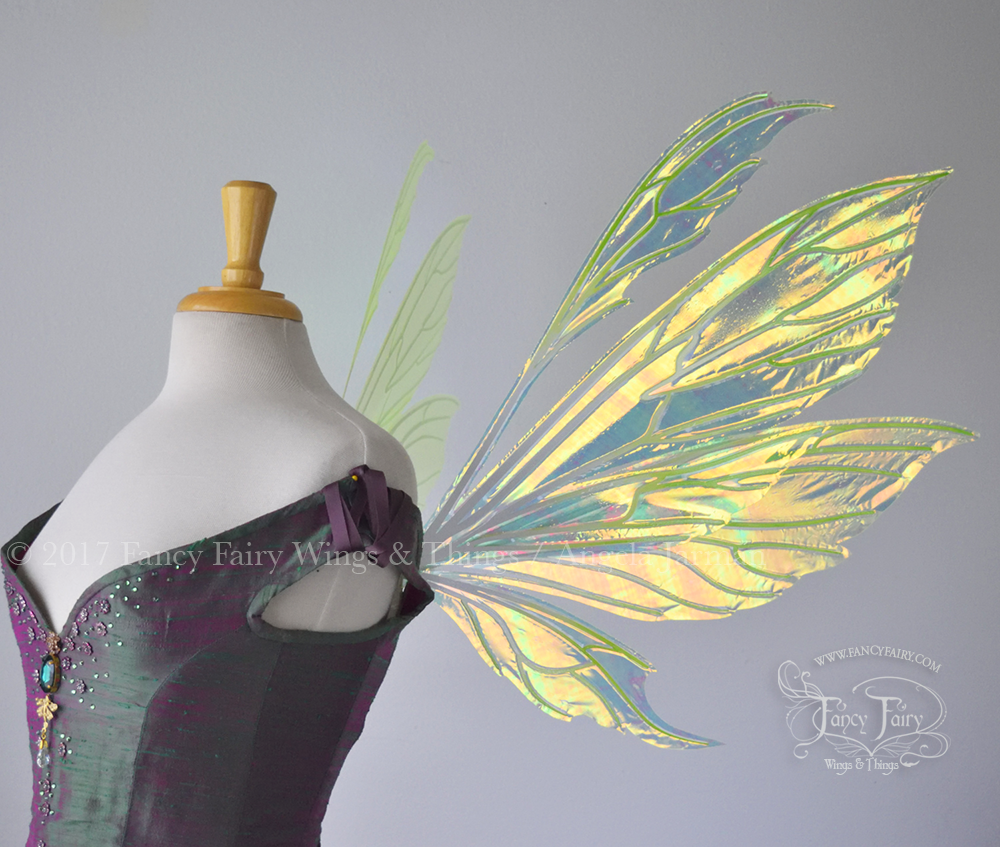 Aynia Iridescent Fairy Wings in Neon Yellow Iridescent with Ombre Green and White veins