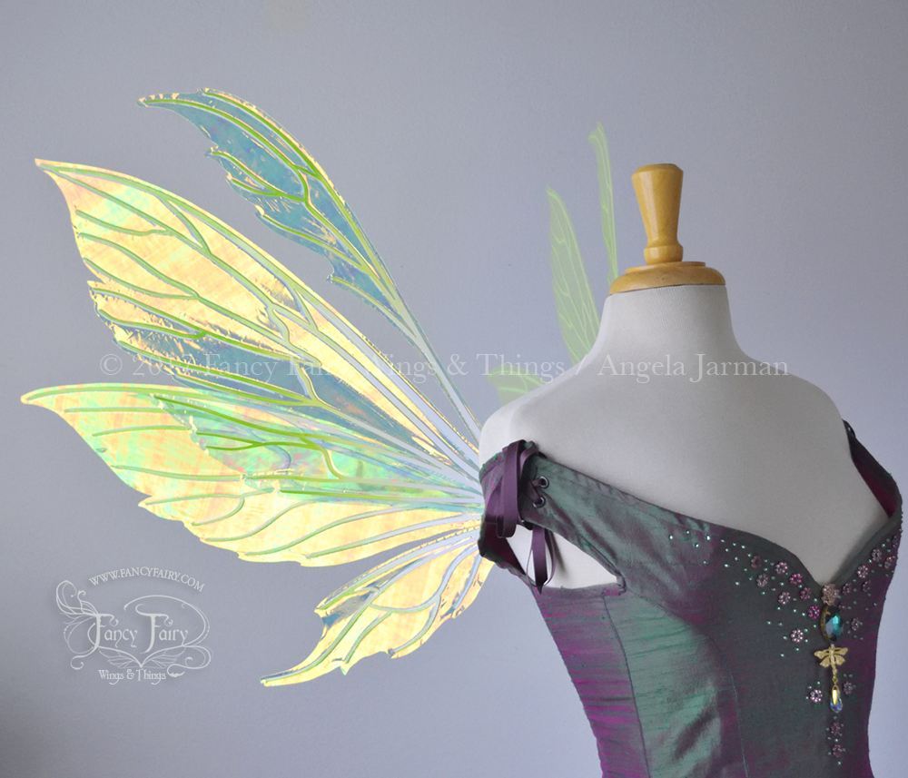 Aynia Iridescent Fairy Wings in Neon Yellow Iridescent with Ombre Green and White veins