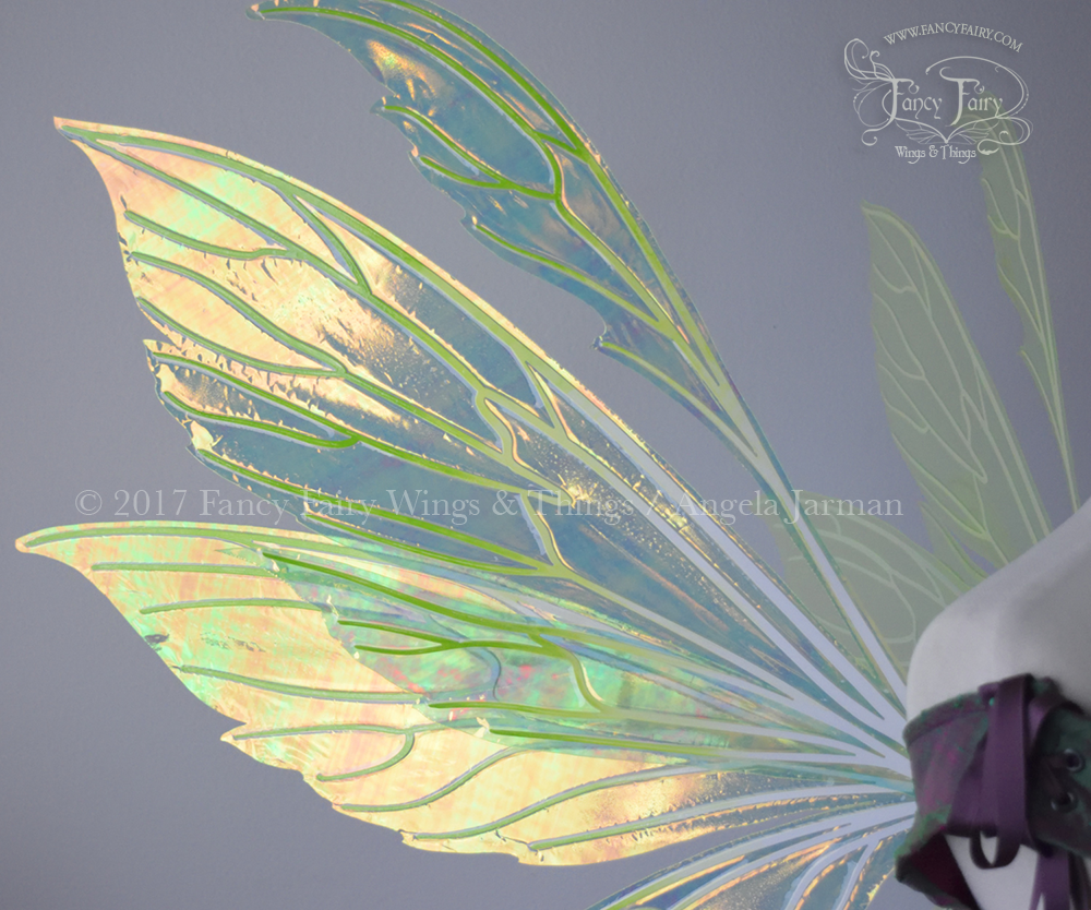 Aynia Iridescent Fairy Wings in Neon Yellow Iridescent with Ombre Green and White veins