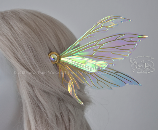 Aynia 5 inch Fairy Wings Hair Pins in Iridescent Satin White with Brass Veins