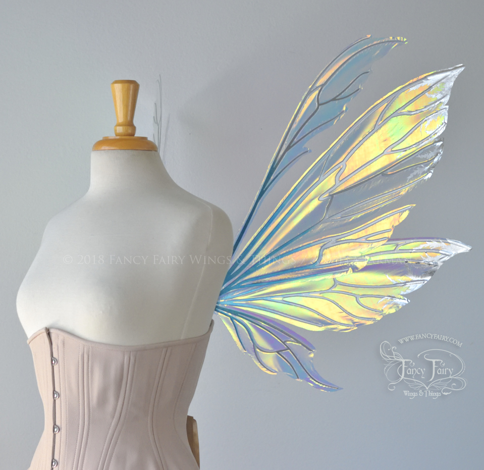 Aynia Iridescent Fairy Wings with Blue and Chrome Veins and Silver Foil 'frost'