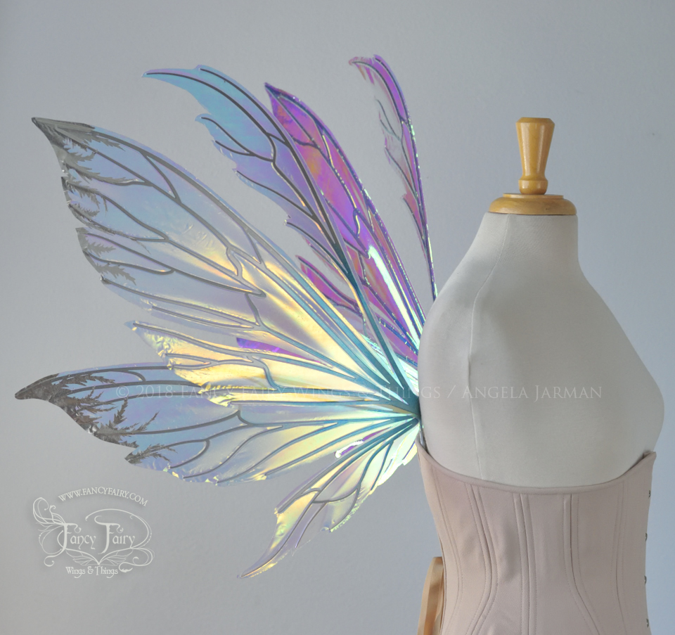 Aynia Iridescent Fairy Wings with Blue and Chrome Veins and Silver Foil 'frost'