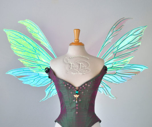 Aynia Iridescent Fairy Wings in Ocean Sunrise Iridescent with Green veins