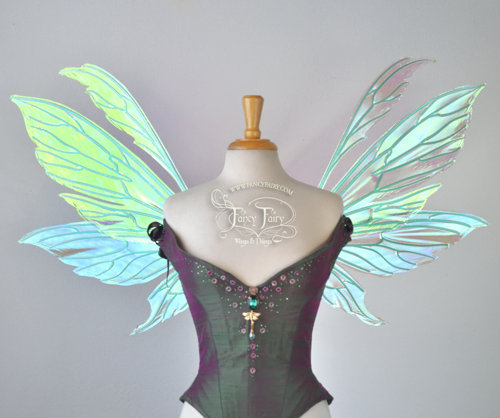 Aynia Iridescent Fairy Wings in Ocean Sunrise Iridescent with Green veins