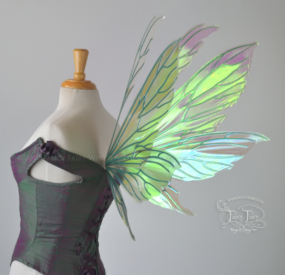 Aynia Iridescent Fairy Wings in Ocean Sunrise Iridescent with Green veins