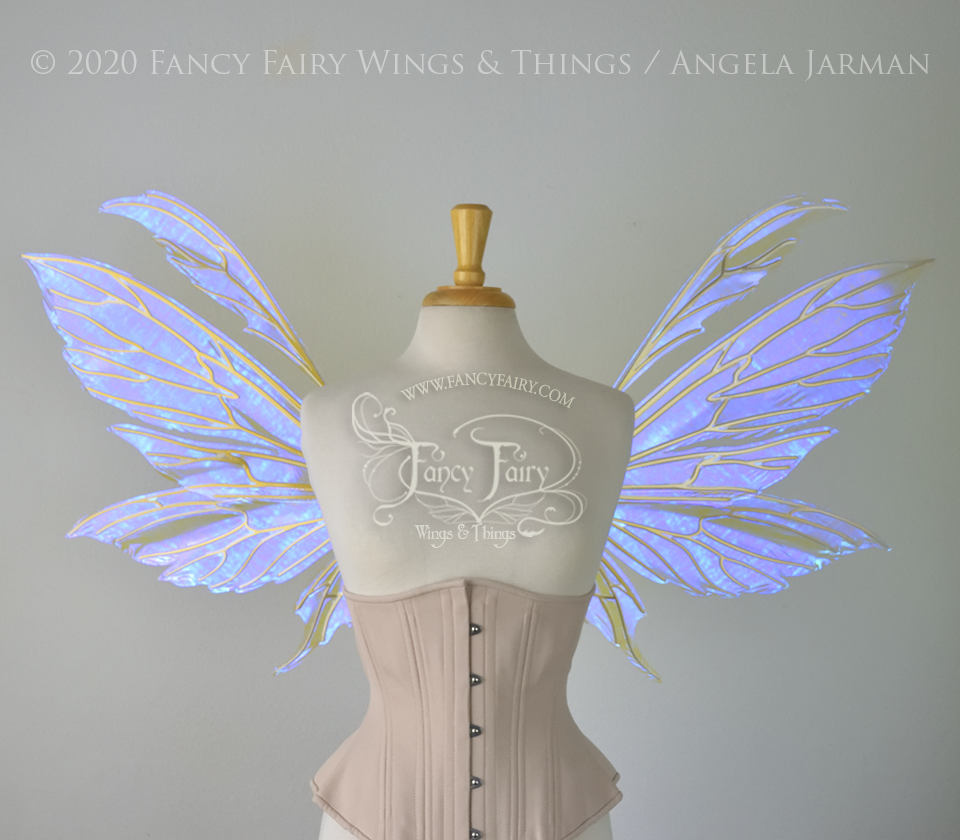 Aynia Convertible Iridescent Fairy Wings in Ultraviolet Iridescent with Candy Gold veins