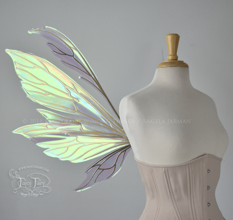 Aynia Iridescent Fairy Wings in White Satin Iridescent with Candy Gold veins