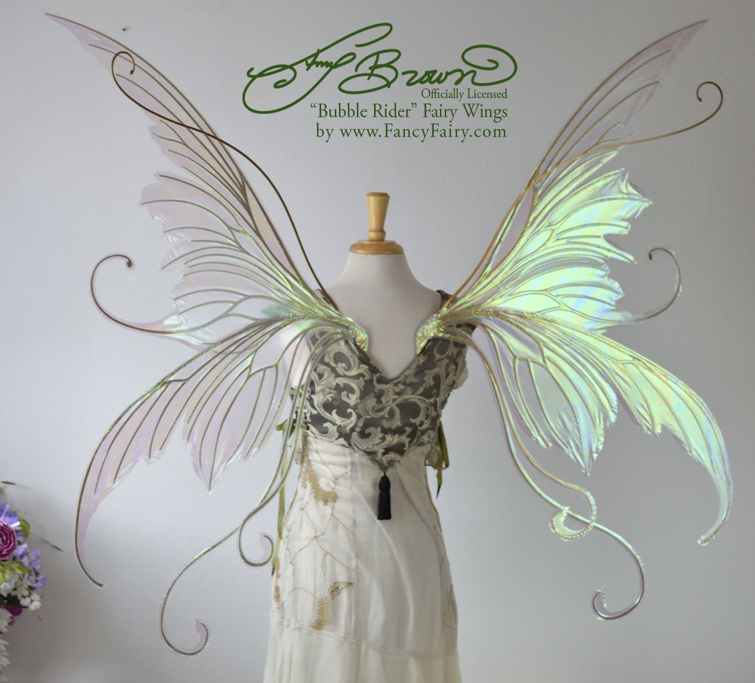 Giant Amy Brown Bubble Rider Iridescent Fairy Wings in Satin White Iridescent with Gold veins