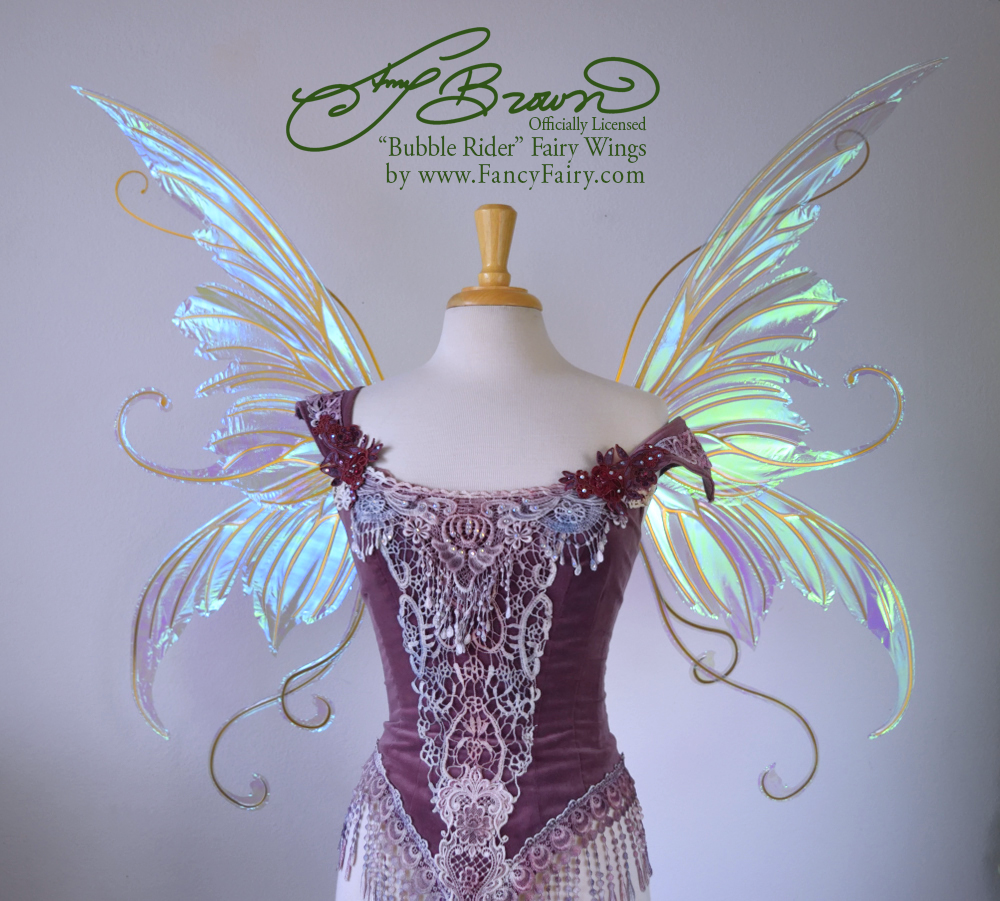 Officially Licensed Amy Brown 'Bubble Rider' Iridescent Fairy Wings in Aquamarine with Gold Veins