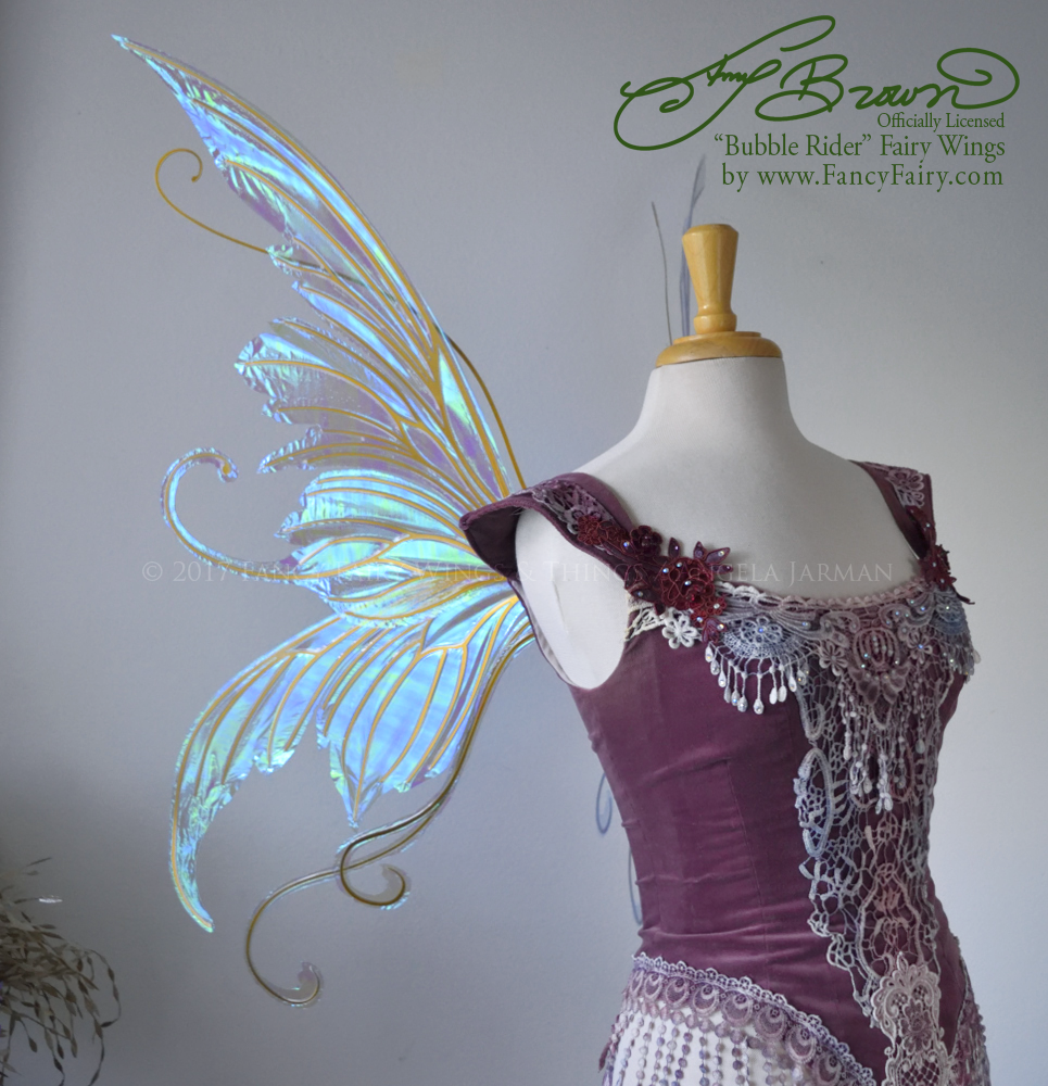 Officially Licensed Amy Brown 'Bubble Rider' Iridescent Fairy Wings in Aquamarine with Gold Veins