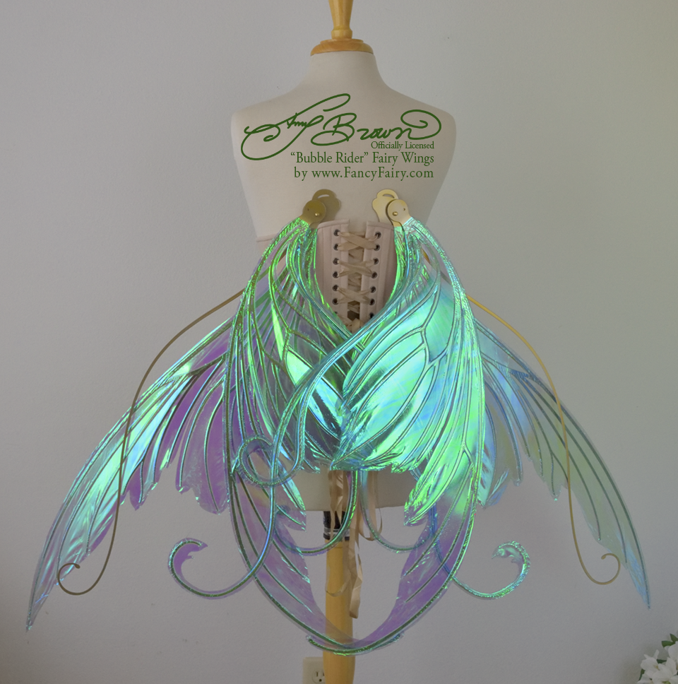 Giant Amy Brown Bubble Rider Iridescent Convertible Fairy Wings in Aquamarinewith Silver Veins