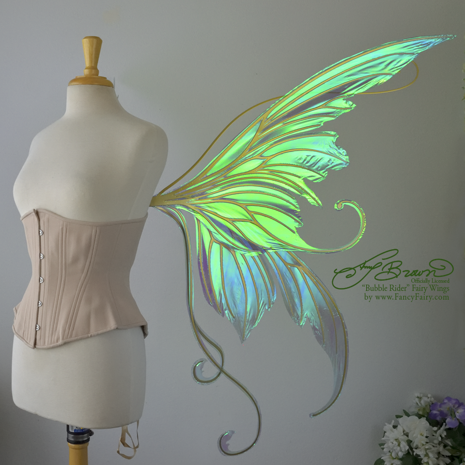 Giant Amy Brown Bubble Rider Iridescent Convertible Fairy Wings in Aquamarinewith Silver Veins