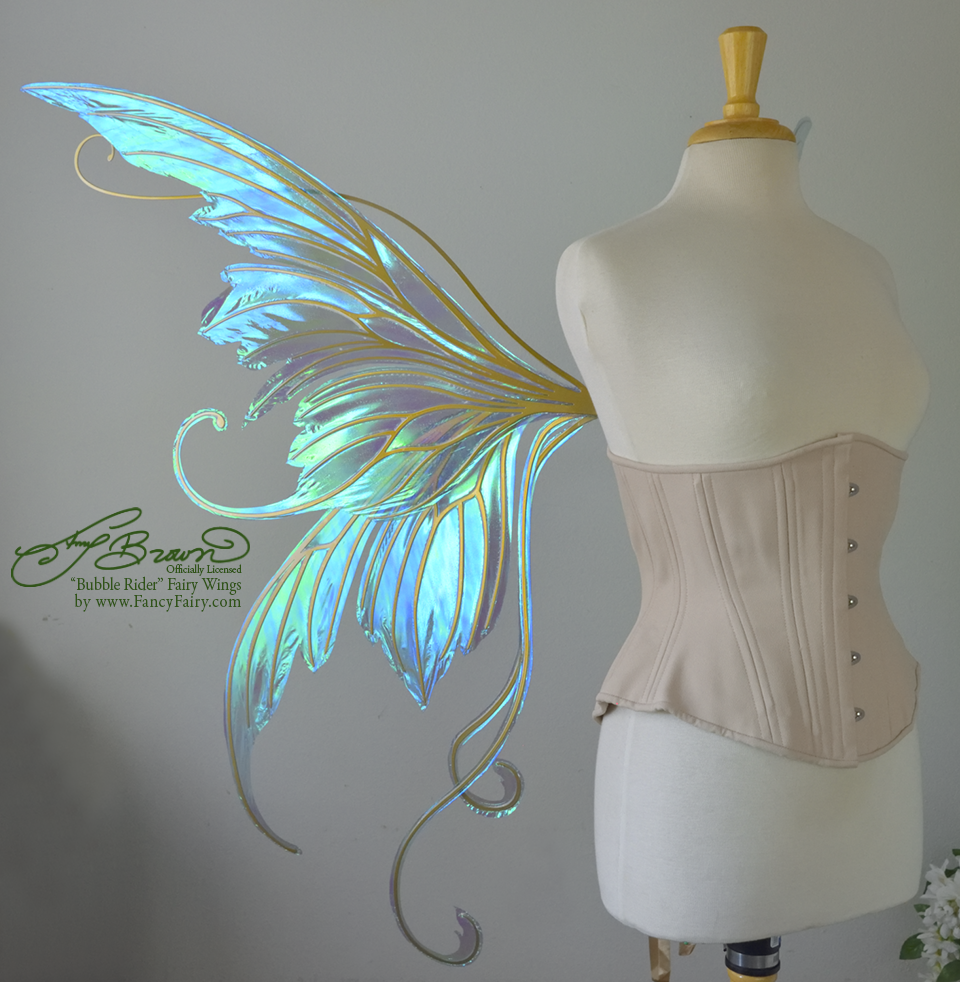 Giant Amy Brown Bubble Rider Iridescent Convertible Fairy Wings in Aquamarinewith Silver Veins