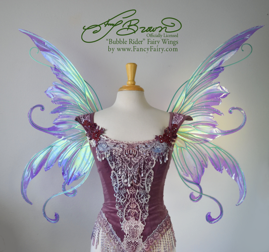 Officially Licensed Amy Brown 'Bubble Rider' Iridescent Fairy Wings Iris Painted with Green Veins