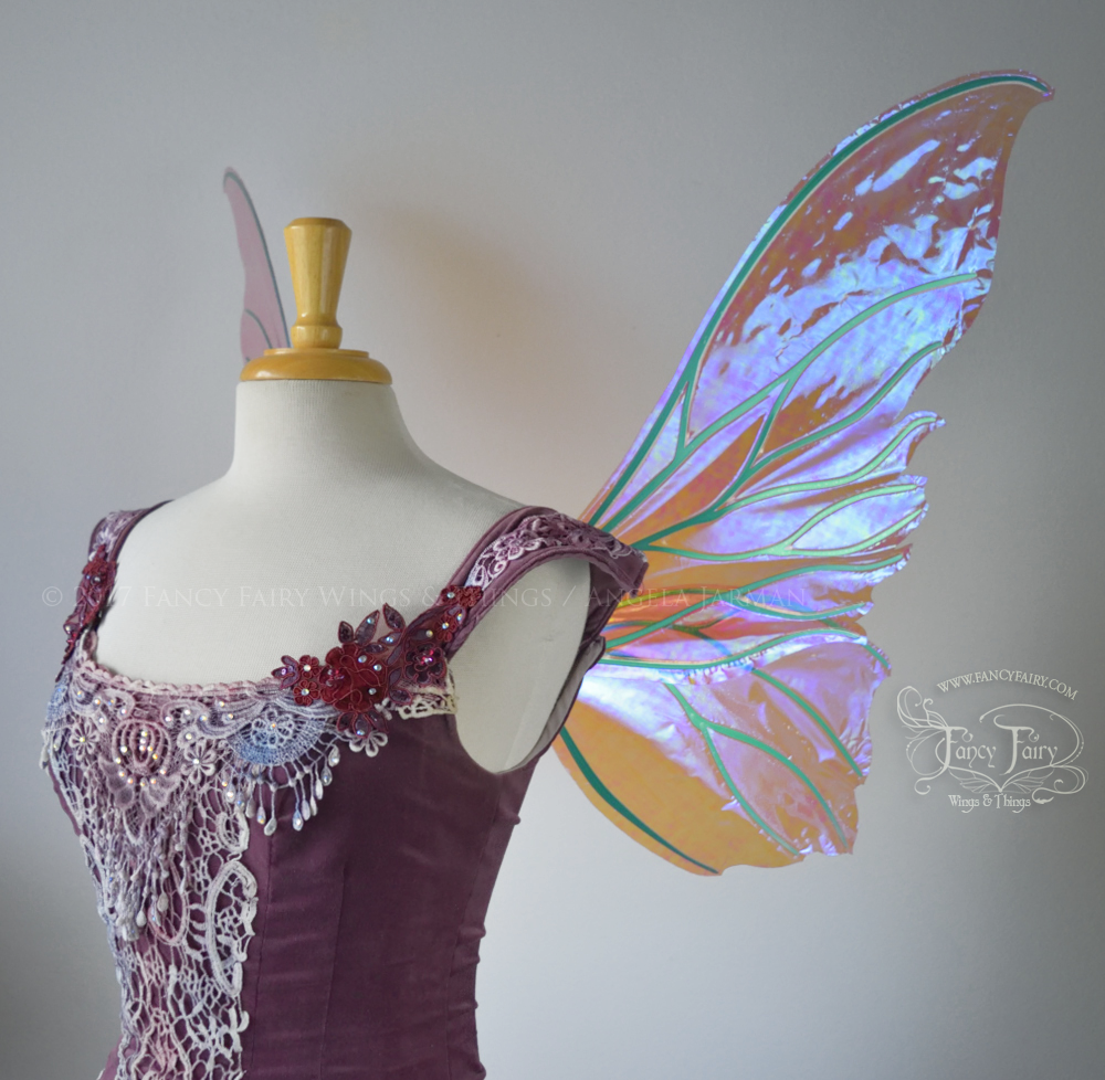 Clarion Iridescent Fairy Wings in Berry with Green veins