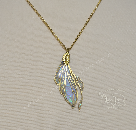 Datura Fairy Wing Necklace in Brass and Faux Opal - Left Facing