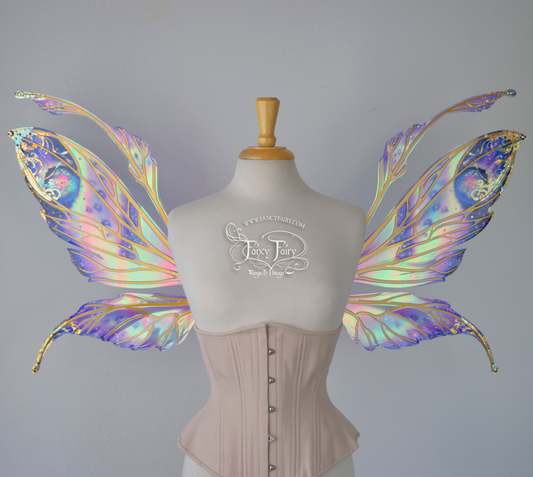 Datura Iridescent Convertible Fairy Wings and Hair Clips Set in Gilded Celestial with Gold veins & Crystals