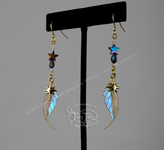 Datura "Celestial" Fairy Wing Earrings in Brass with Opal Iridescent Film & 8 Point Star