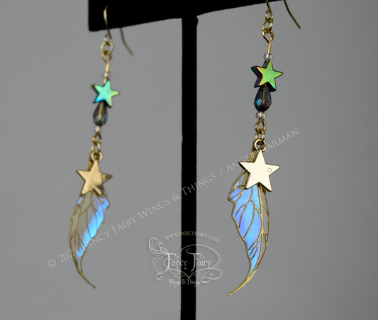 Datura "Celestial" Fairy Wing Earrings in Brass with Opal Iridescent Film & 5 Point Star