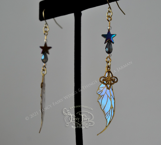 Datura "Celestial" Fairy Wing Earrings in Brass with Opal Iridescent Film & Filigree