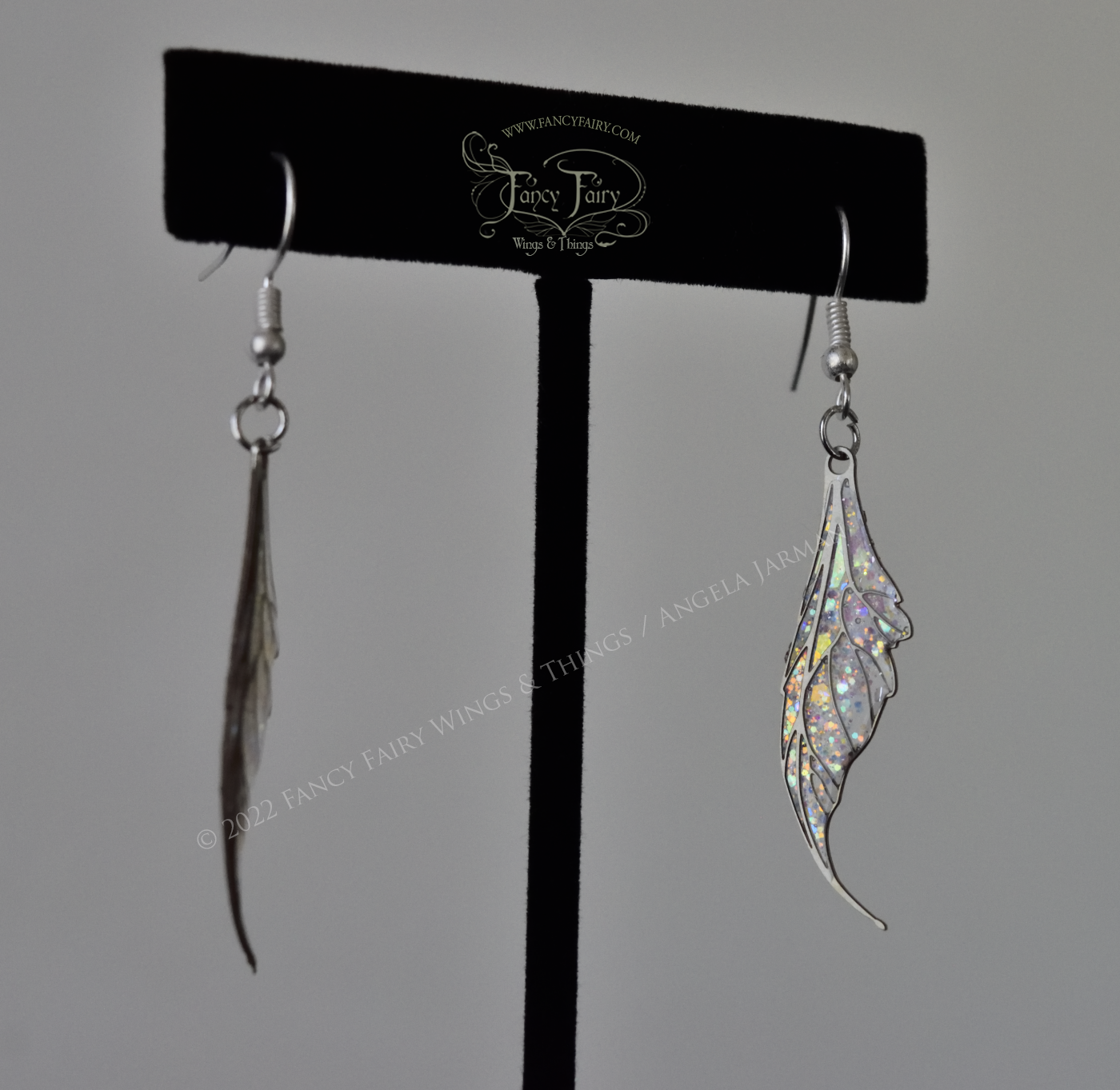 Datura Fairy Wing Earrings in Silver with Glitter Resin - Irregular