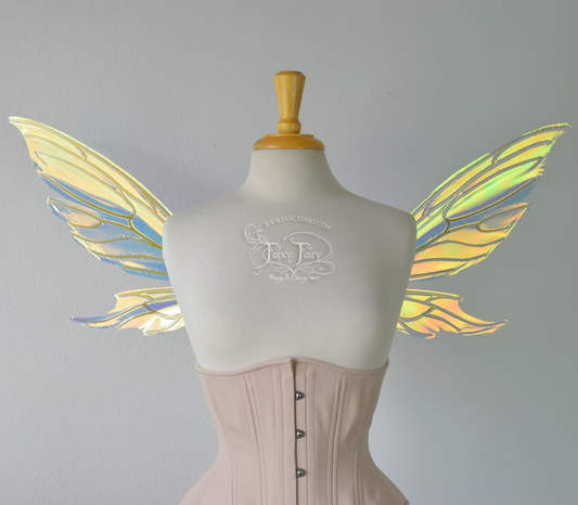 Econo Aynia Iridescent Convertible Fairy Wings in Clear Diamond Fire with Candy Gold veins