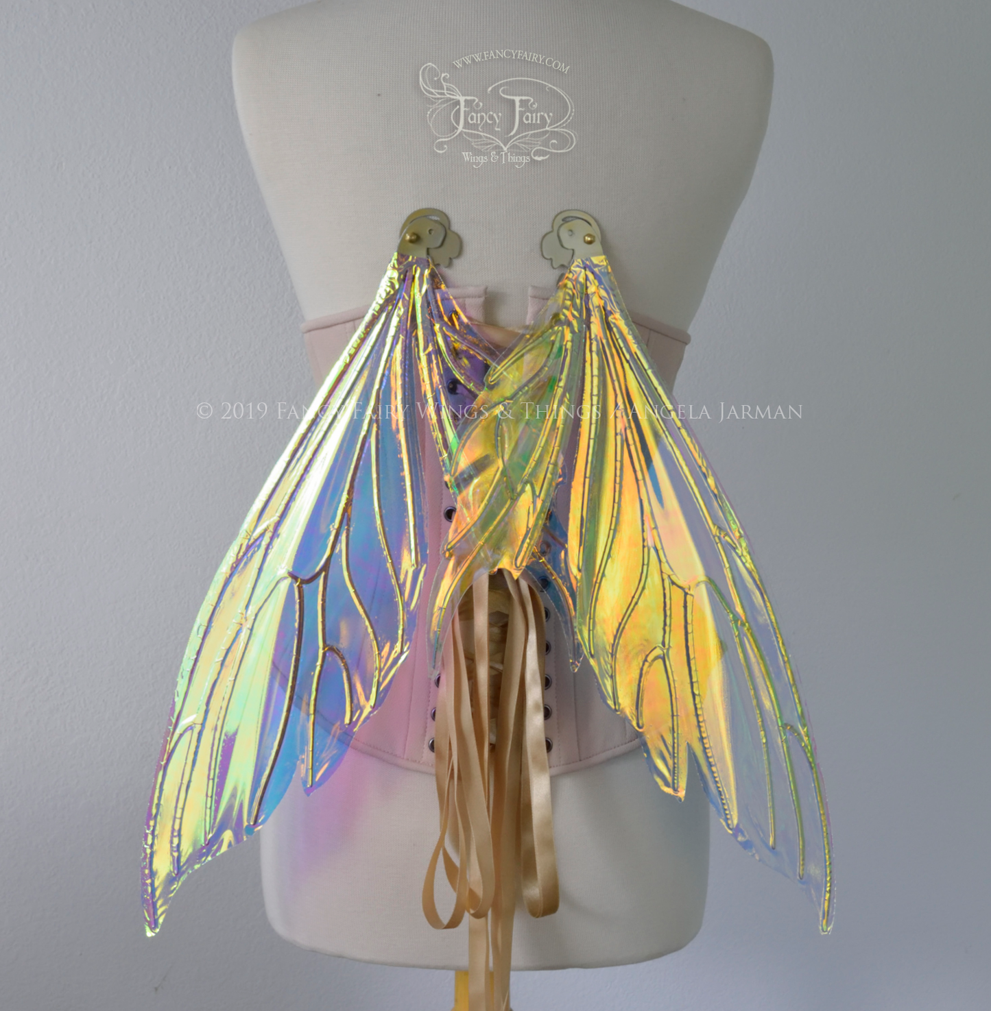 Econo Aynia Iridescent Convertible Fairy Wings in Clear Diamond Fire with Candy Gold veins