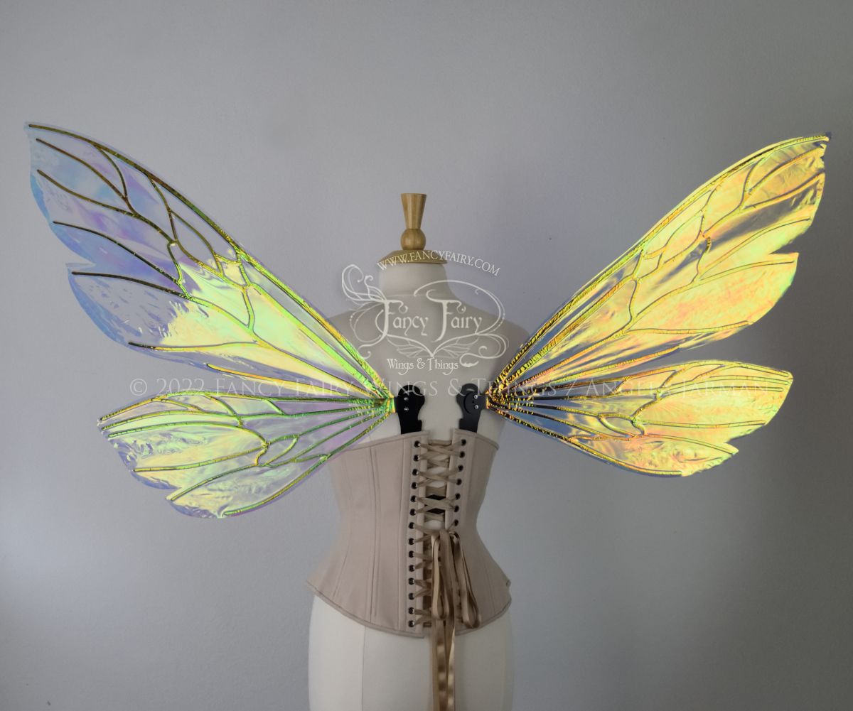 Extra Large Ellette Iridescent Convertible Fairy Wings in Diamond Fire with Black Veins