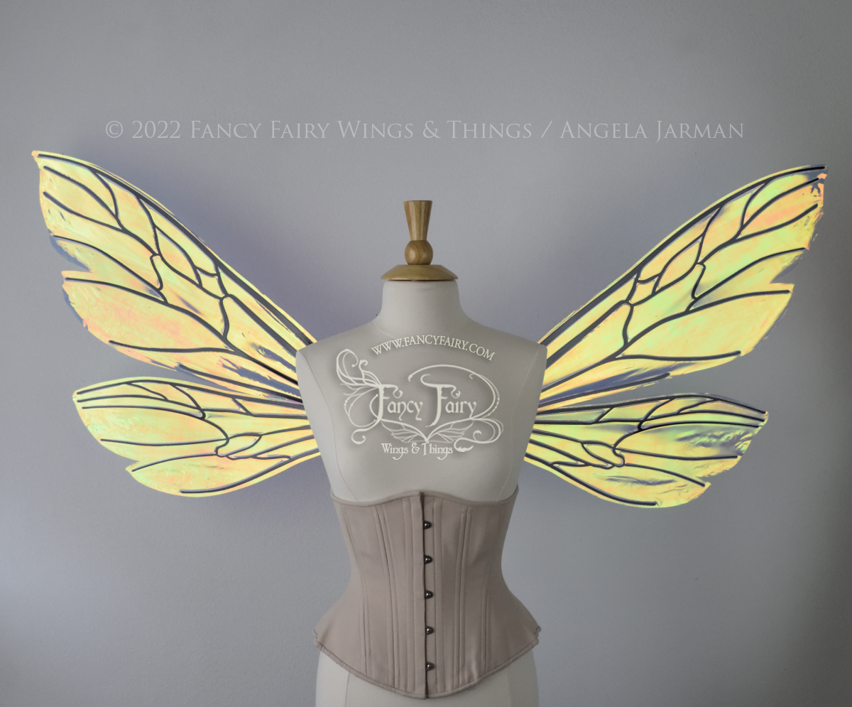 Extra Large Ellette Iridescent Convertible Fairy Wings in Diamond Fire with Black Veins