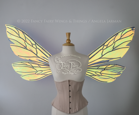 Extra Large Ellette Iridescent Convertible Fairy Wings in Diamond Fire with Black Veins