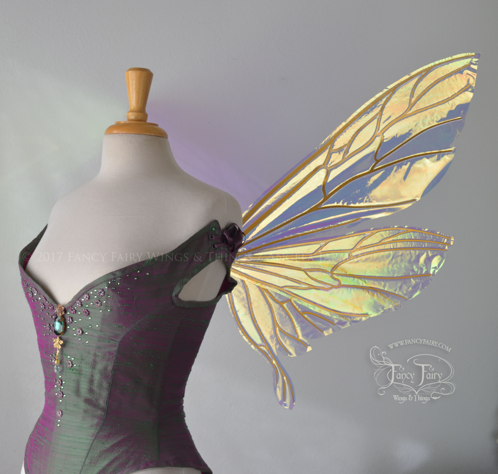 Ellette / Salome Hybrid Iridescent Fairy Wings in Clear Diamond Fire with Gold veins