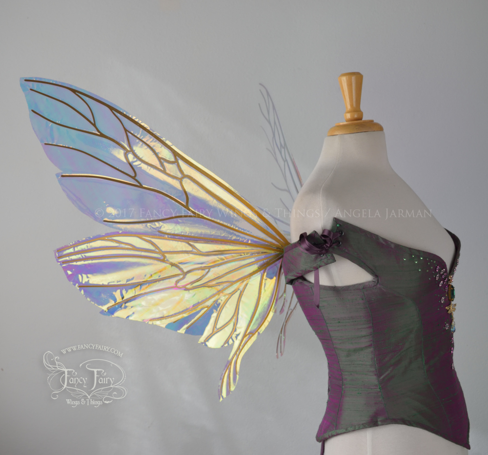 Ellette / Salome Hybrid Iridescent Fairy Wings in Clear Diamond Fire with Gold veins