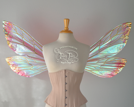 Ellette Painted Iridescent Fairy Wings in Rose Satin with Metallic Filigree Foil
