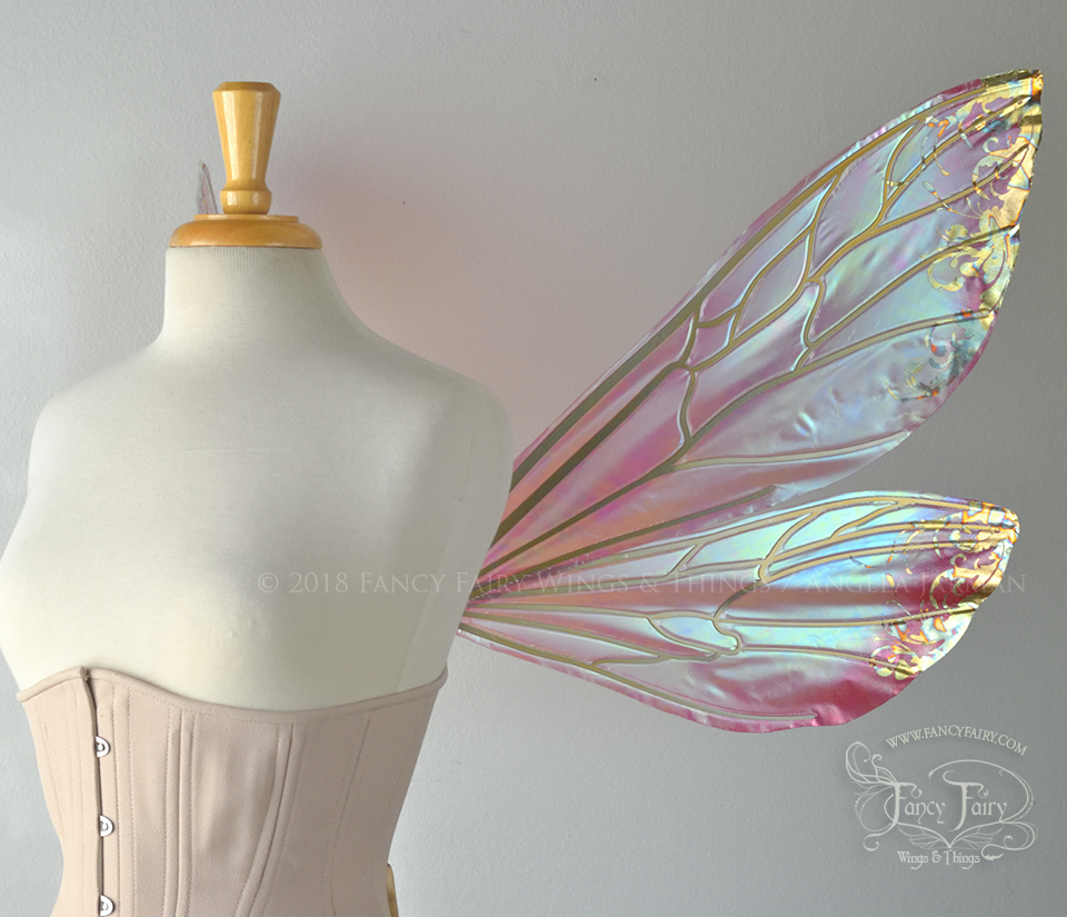 Ellette Painted Iridescent Fairy Wings in Rose Satin with Metallic Filigree Foil