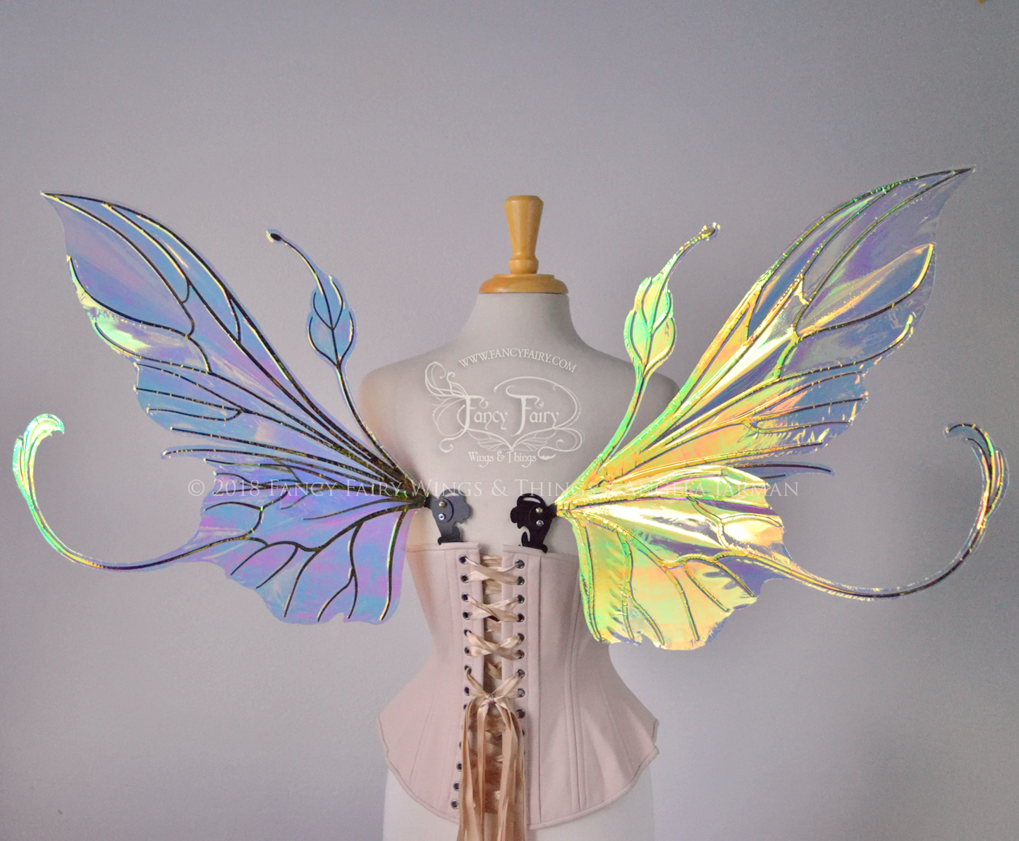 Back view of an ivory dress form wearing an alabaster underbust corset & large clear iridescent fairy wings with elongated upper panels & antennae with bottom panels that have a tail curving upwards, black veins