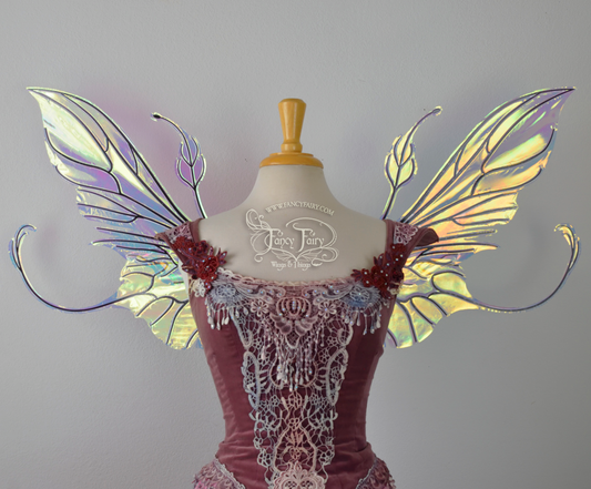 Elvina *Alternate cut* Iridescent Convertible Fairy Wings in Clear Diamond Fire with Black veins