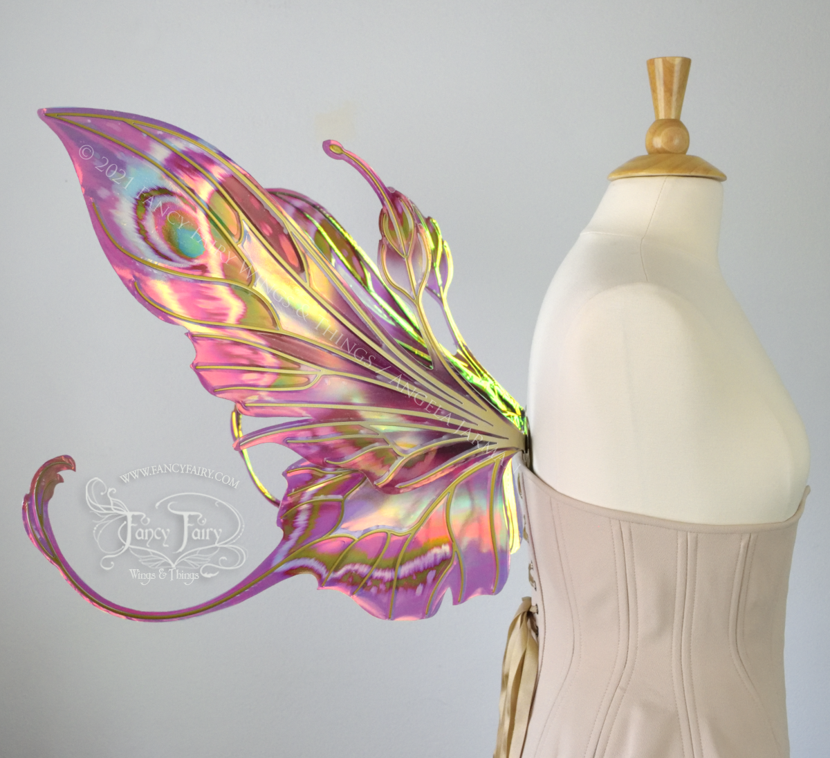 Elvina Iridescent Convertible Painted Fairy Wings in Mauve Rose with Gold veins