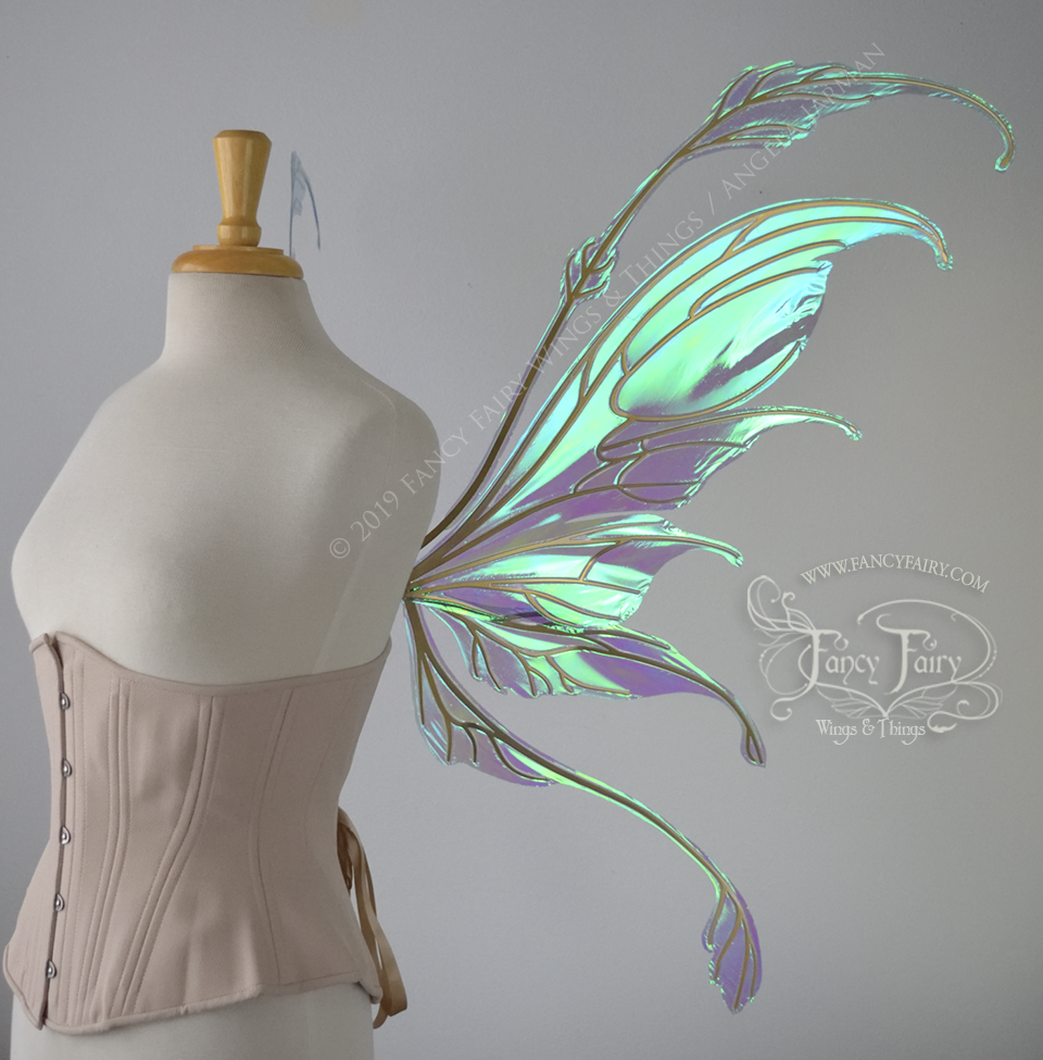 Fauna Iridescent Convertible Fairy Wings in Aquamarine with Candy Coat Gold veins