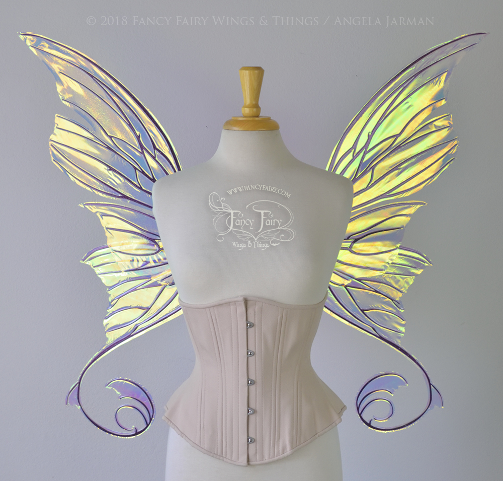 Aphrodite Iridescent Fairy Wings in Clear Diamond Fire with Chameleon Cherry Violet Glitter Veins
