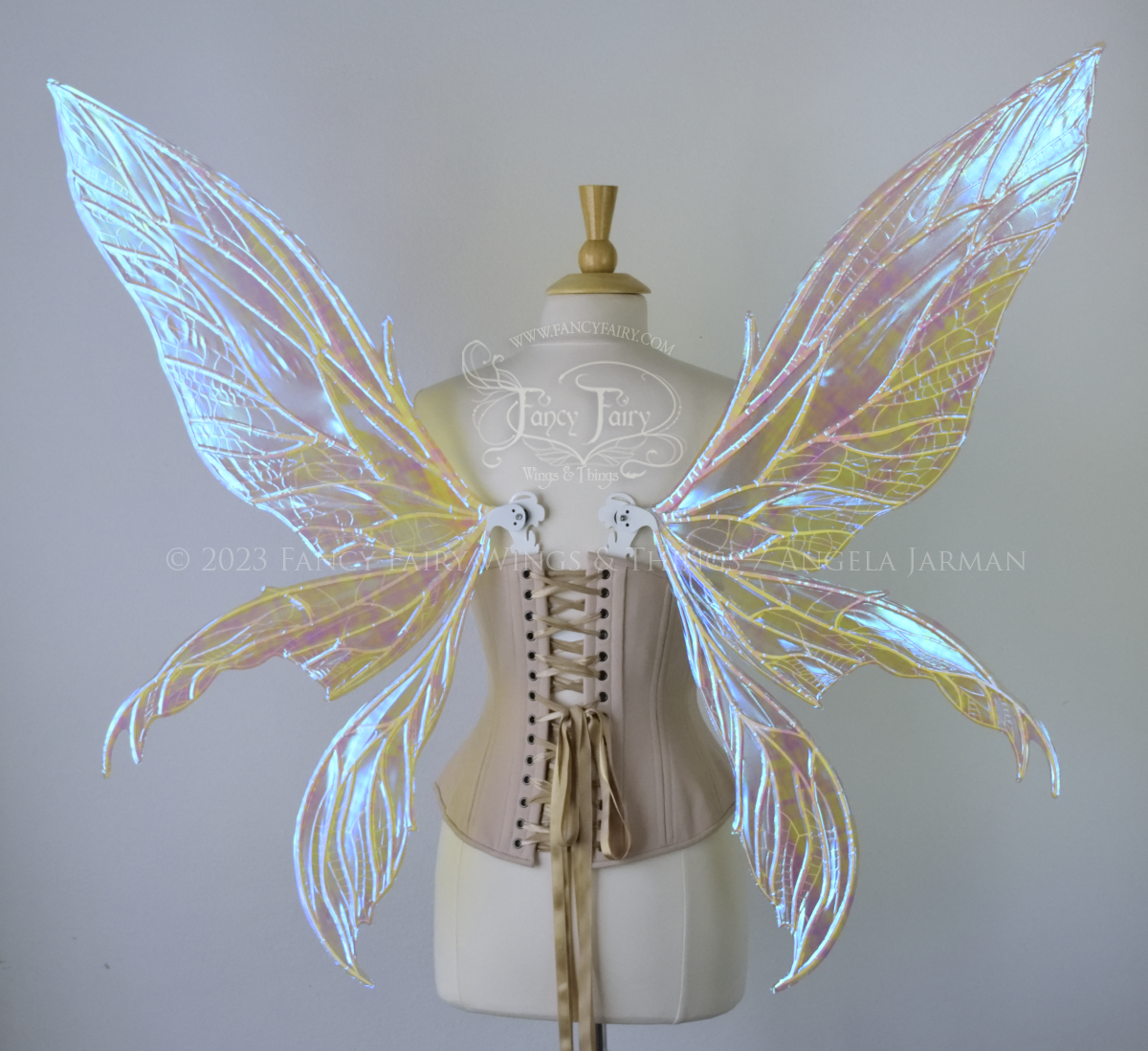 Back view of an ivory dress form wearing an underbust corset and large blue/teal/violet iridescent fairy wings. Upper panels are elongated with pointed tips, 2 lower panels curve downward, detailed white veins 
