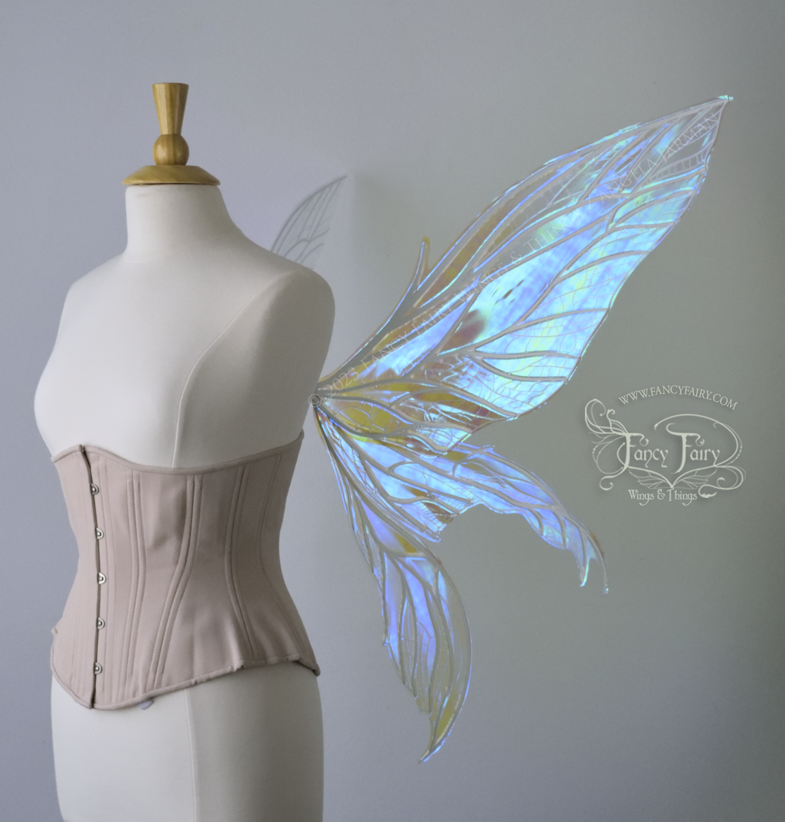 Side right view of an ivory dress form wearing an underbust corset and large blue/teal/violet iridescent fairy wings. Upper panels are elongated with pointed tips, 2 lower panels curve downward, detailed white veins, standing against a white / grey background