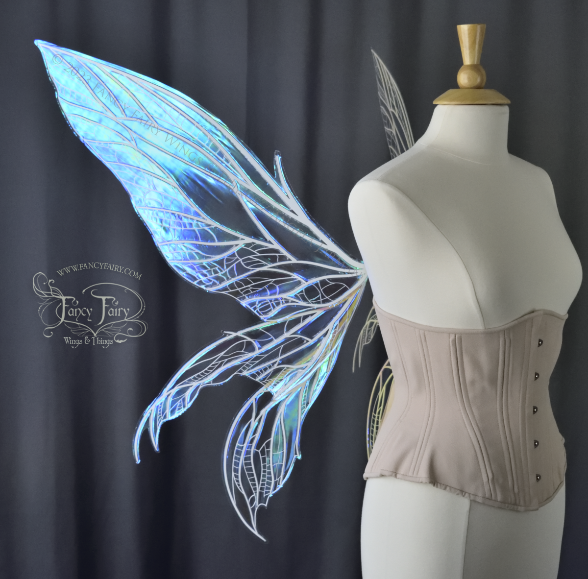 Side Left view of an ivory dress form wearing an underbust corset and large blue/teal/violet iridescent fairy wings. Upper panels are elongated with pointed tips, 2 lower panels curve downward, detailed white veins, standing against a dark grey background