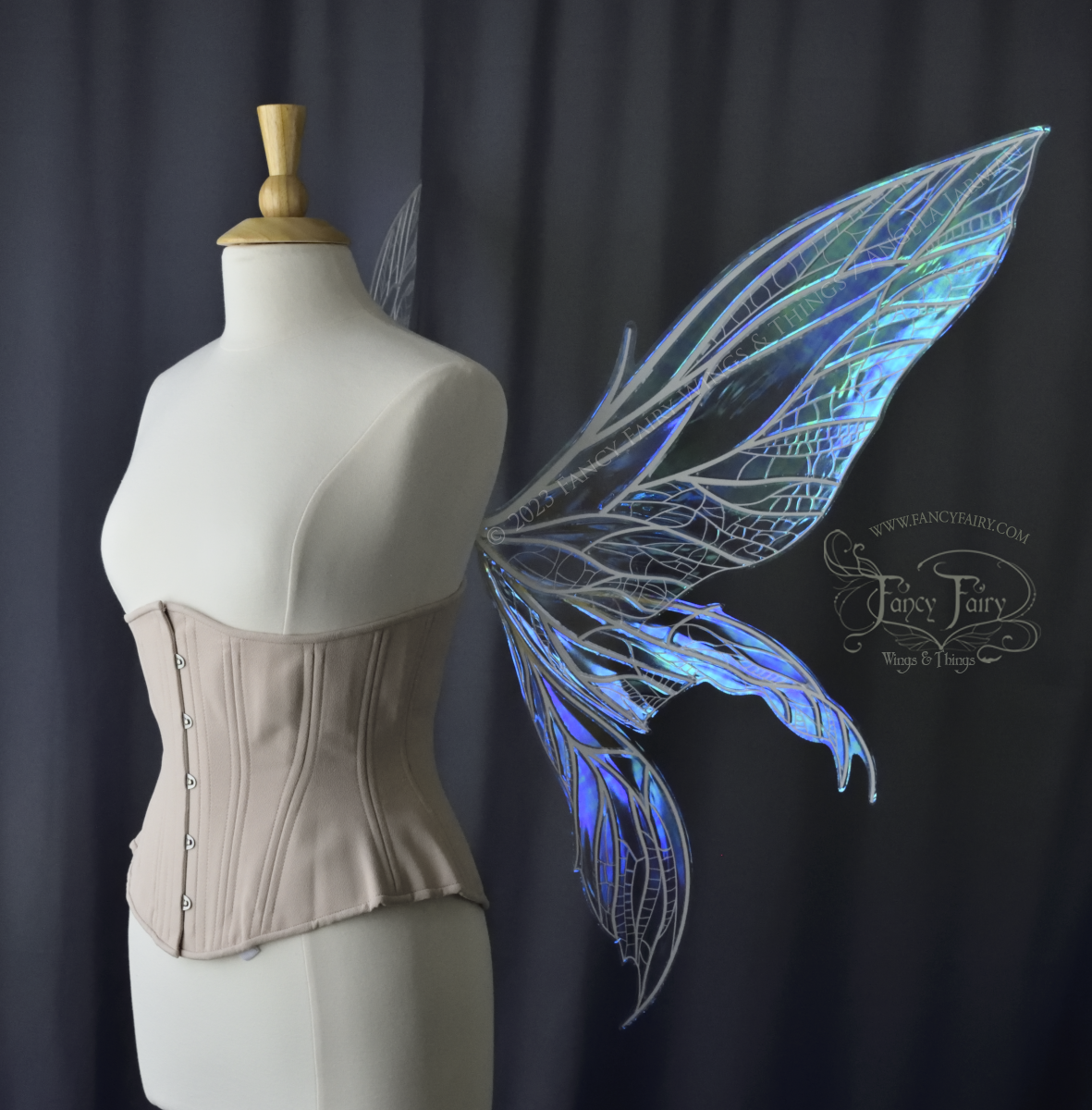 Side right view of an ivory dress form wearing an underbust corset and large blue/teal/violet iridescent fairy wings. Upper panels are elongated with pointed tips, 2 lower panels curve downward, detailed white veins, standing against a dark grey background